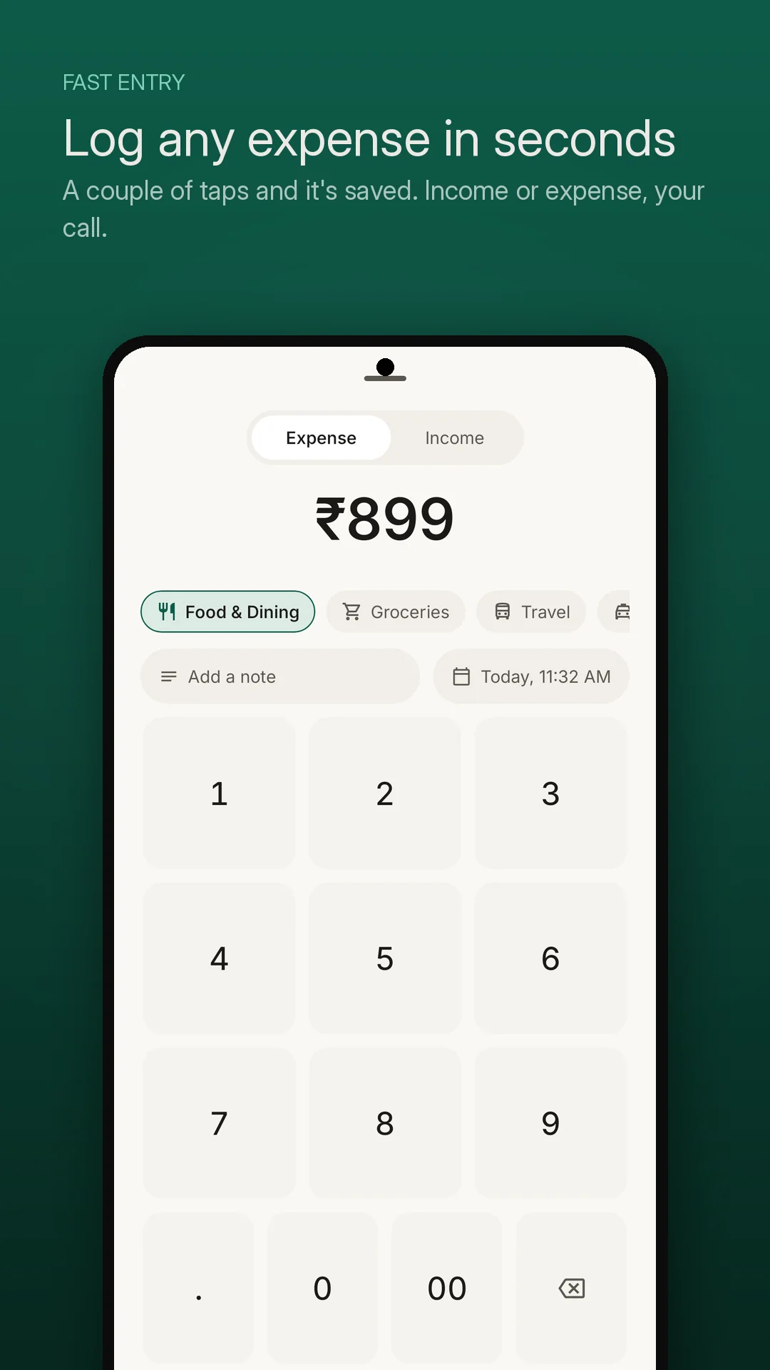 VeeiQ Money fast expense entry keypad with category pills, date stamp, and notes input