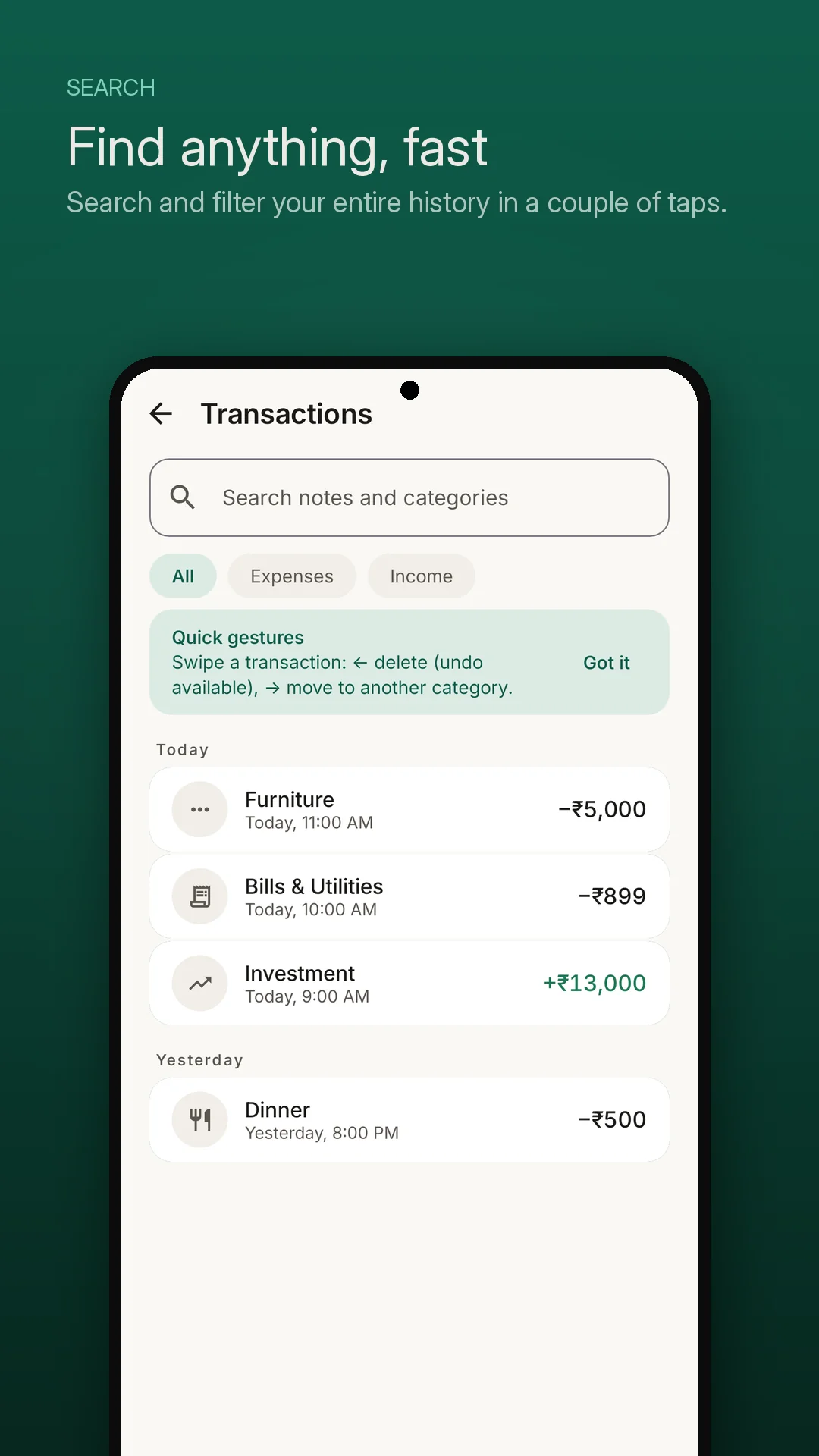 VeeiQ Money instant transaction search, filter tabs, and swipe gesture controls