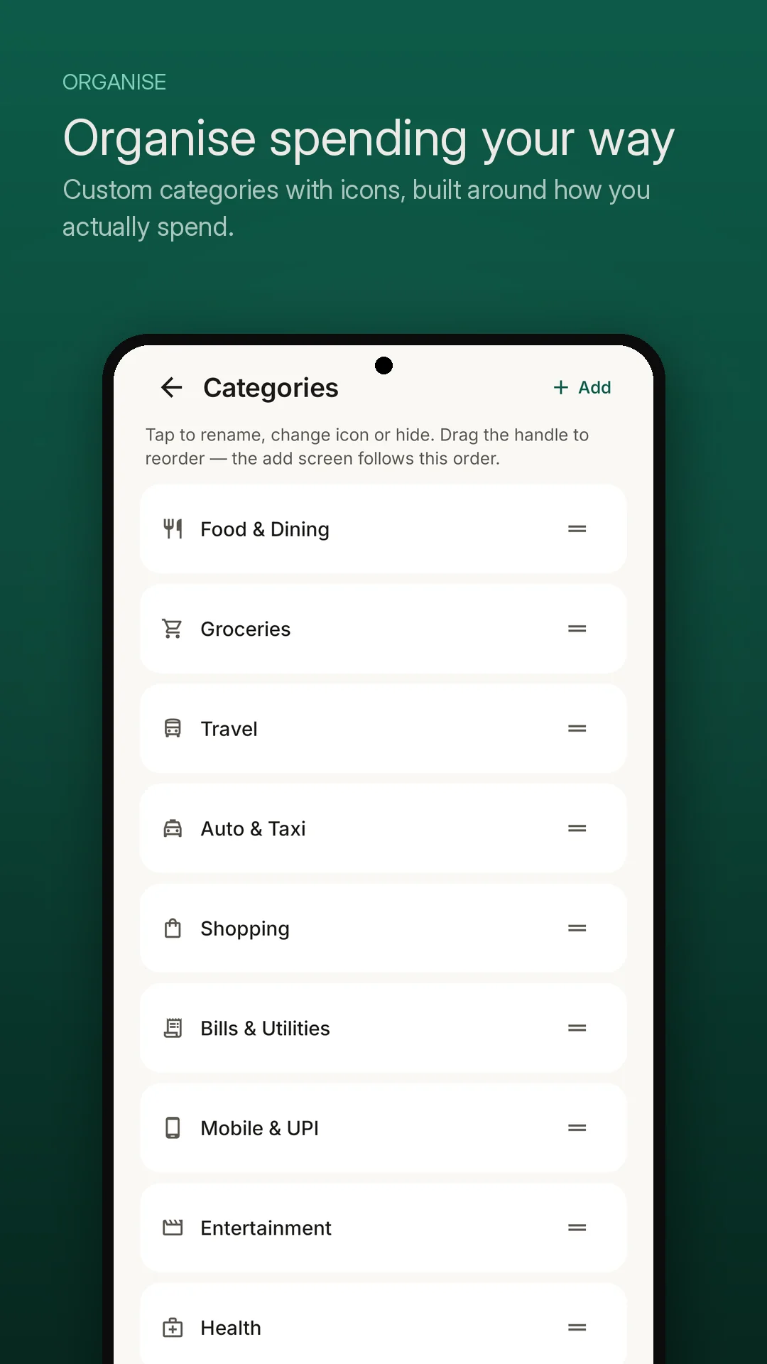 VeeiQ Money custom categories management with custom icons and drag-and-drop reordering