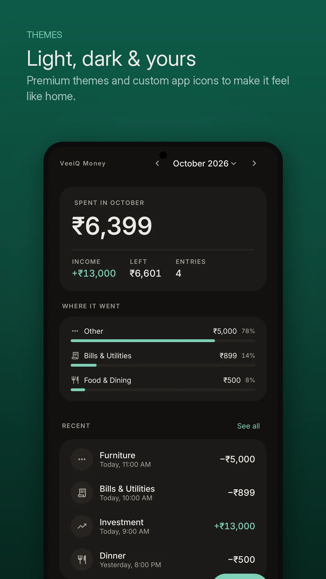 VeeiQ Money elegant OLED dark mode interface and theme options