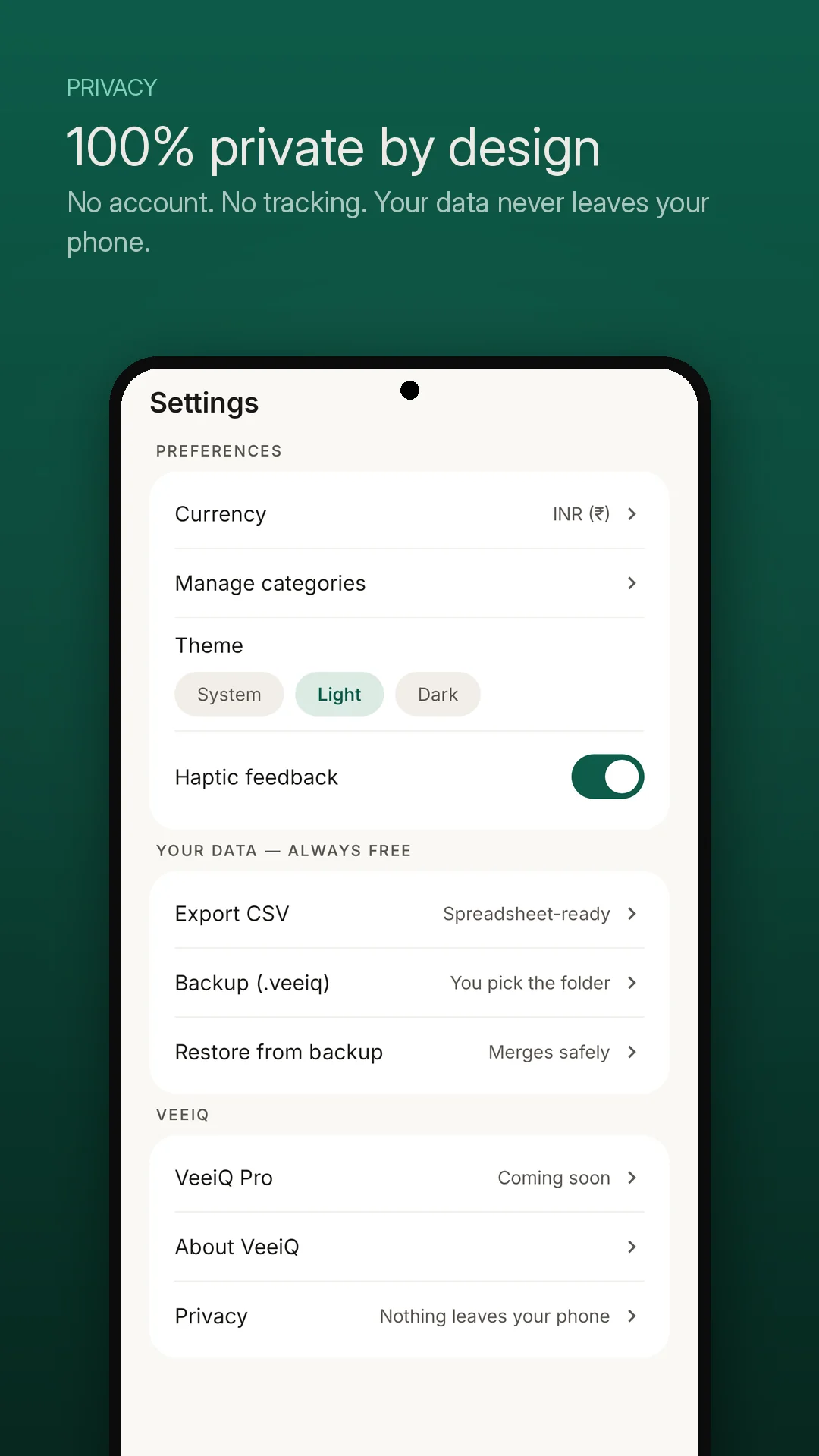VeeiQ Money settings with currency selection, CSV export, and local backups