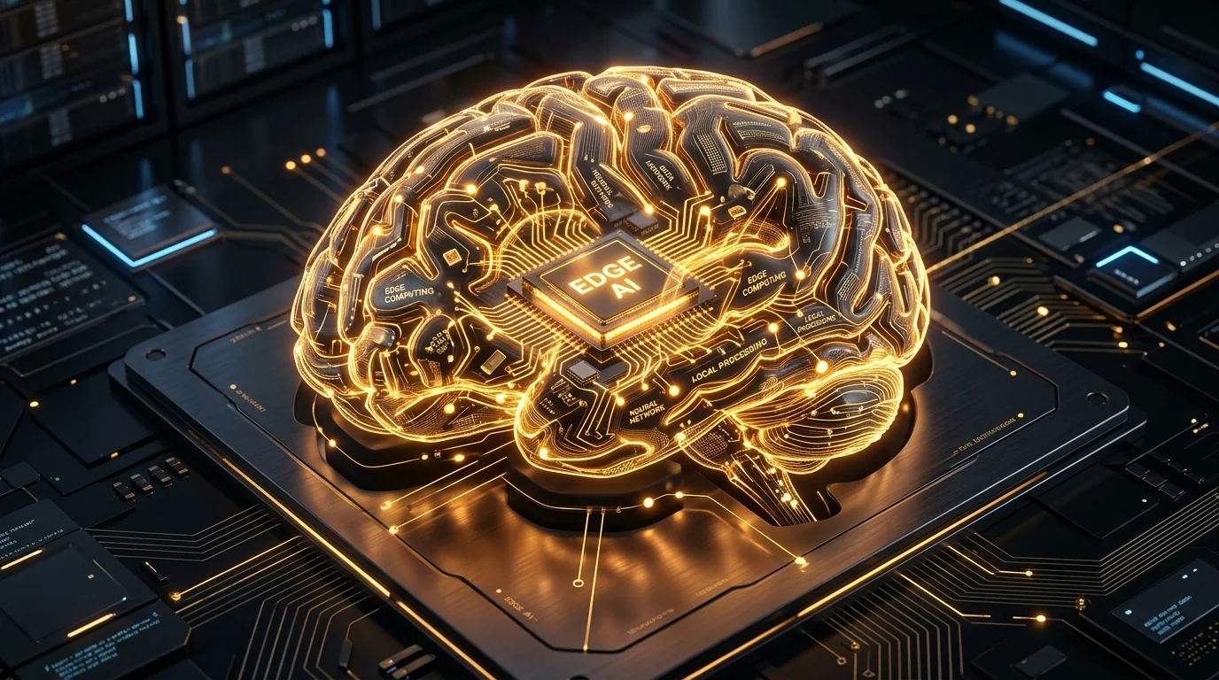 A glowing gold microchip brain representing local edge processing