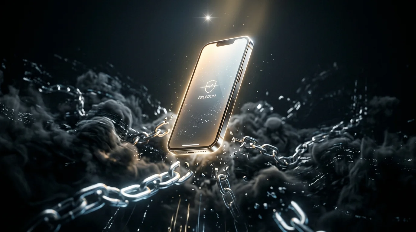 A glowing smartphone disconnected from a storm of digital clouds